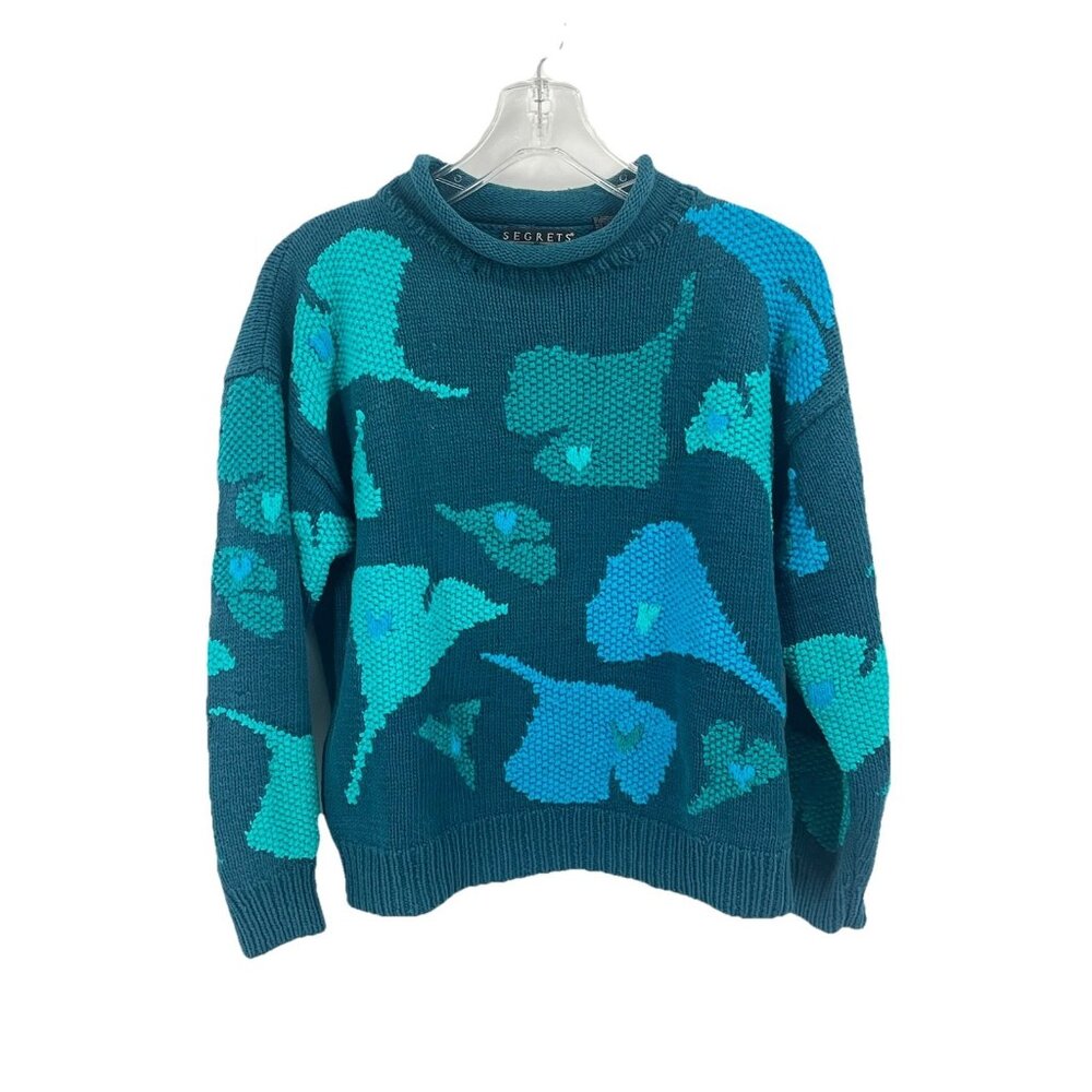 Vintage 90s Segrets Chunky Knit Print Roll Neck Sweater Sz Small Blue Teal